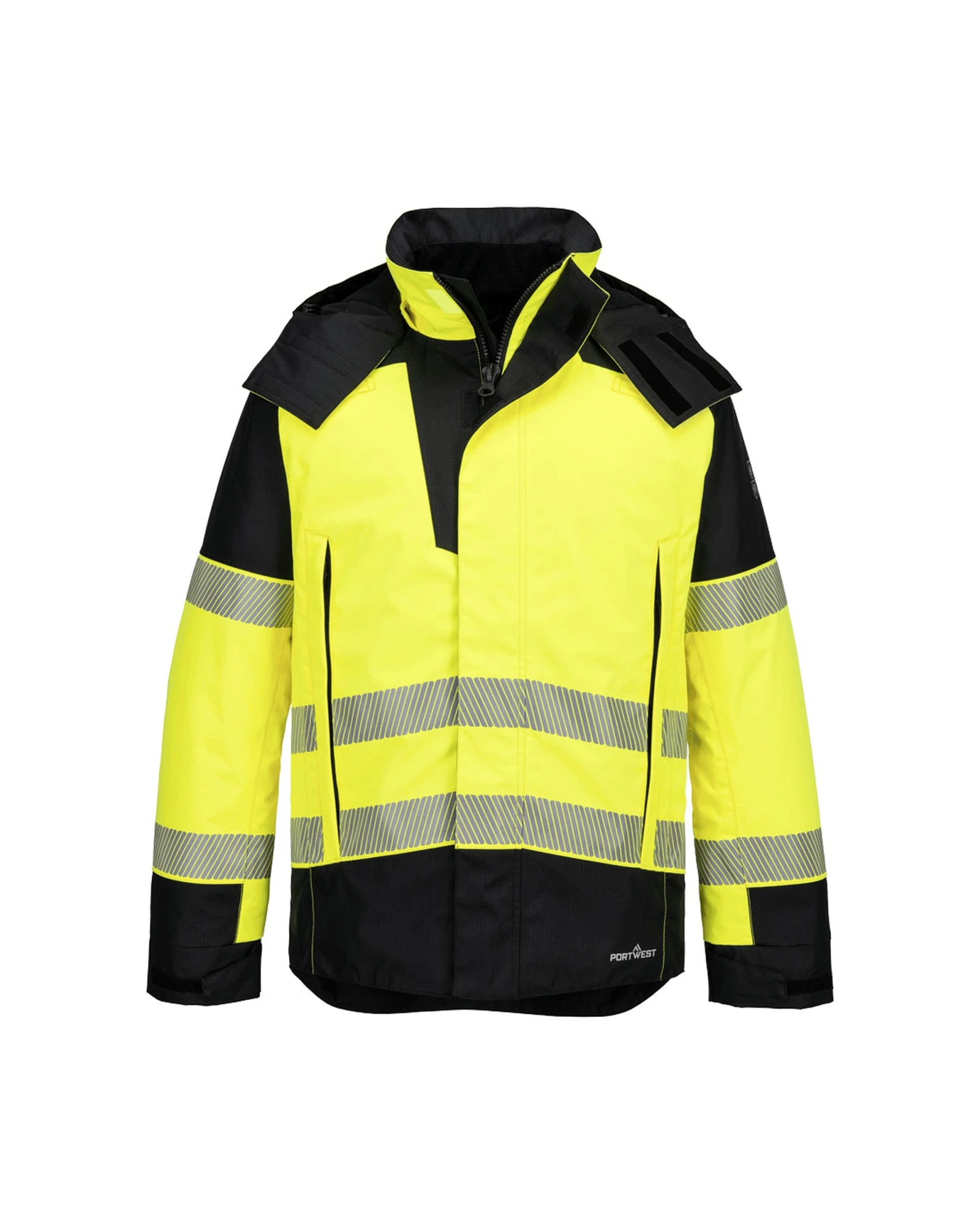 Portwest PW3 Modaflame Multi-Norm Rain+ Hi-Vis vlamvertragende winterjas in geel/zwart